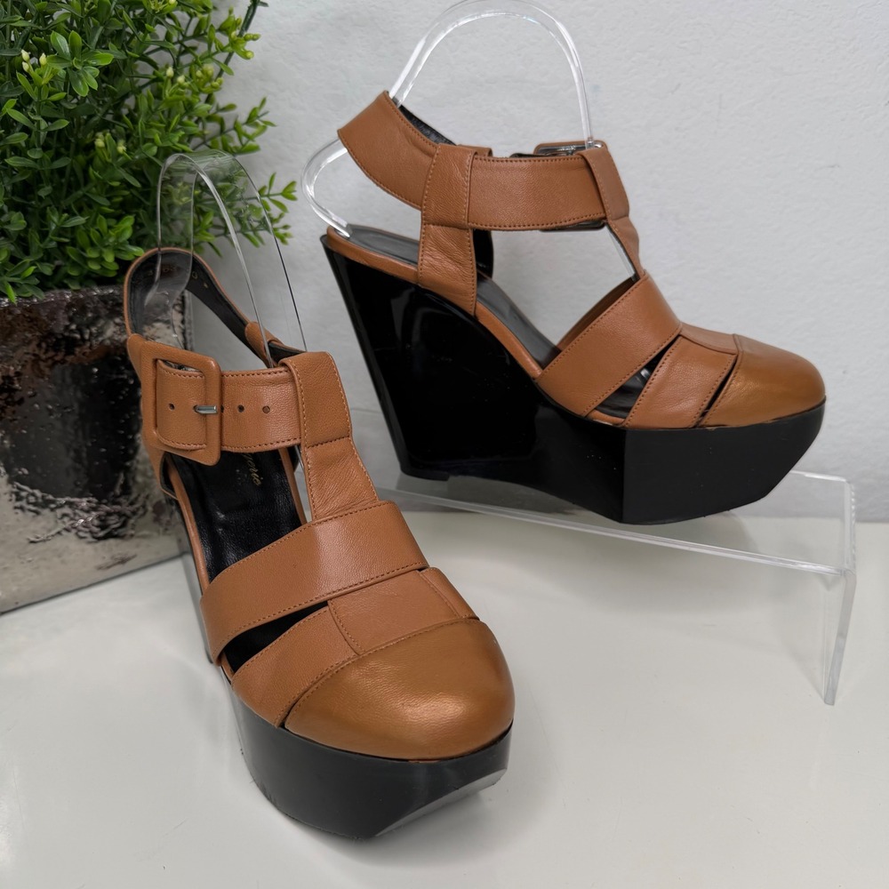 Robert Clergerie Wedge Sandals‎ Tan Leather Platform Architectural 39.5 FR/9US